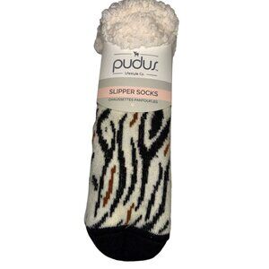 PUDUS Women's Slipper Socks Zebra White Sherpa Lined Size 5 -11 NEW Comfy Soft